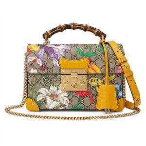 GUCCI GG Supreme Monogram Flora Small Padlock Bamboo Shoulder Bag Multicolor